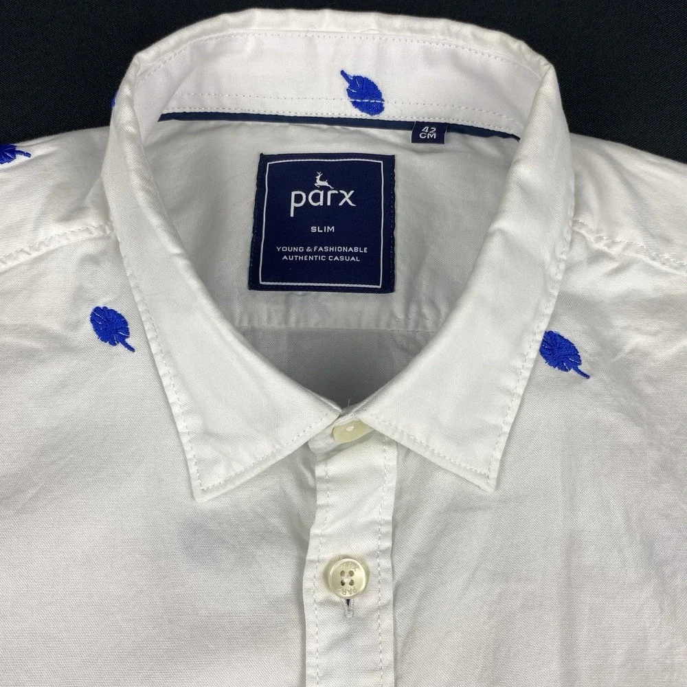 PARX Shirt Mens Large (42 cm) White w/Blue Leaf Embroidery Slim Fit NWT!